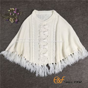 Ladies Crew Neck Tassels White Sweater Cape with Bowknot