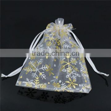Organza Jewelry Bags Drawstring Rectangle White Christmas Snowflake Pattern 16cm x 12cm