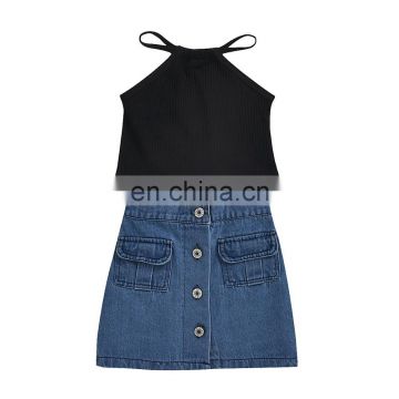 2020 Baby Girl Clothes Set Summer 2PCS Kids Outfits Solid Vest Crop Top T shirt Button Denim Skirts Casual Outfits