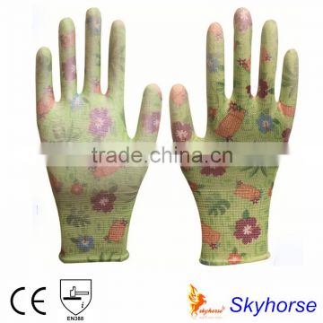 Printing Polyester Shell PU coated women garden farming gloves free sample