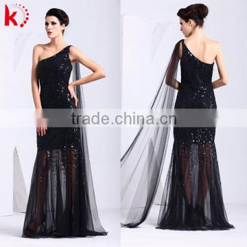 Elegant one-shoulder sexy backless shimmering beaded see-through black maxi evening dress with tulle
