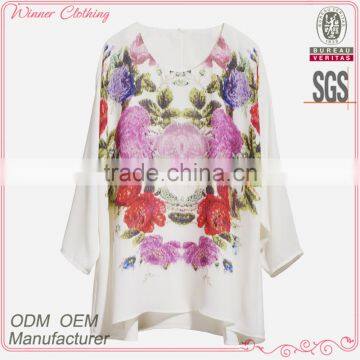 Fashion clothing manufacturer three quarter sleeve round neck chinese style print pattern loose fitting printed white t-shirts