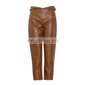TWOTWINSTYLE Casual Minimalist Pants For Women High Waist Ankle Length Leather Loose Pants Female