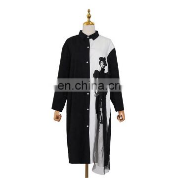 TWOTWINSTYLE Print Patchwork Hit Color Women's Dress Long Sleeve Oversized Loose Cartoon