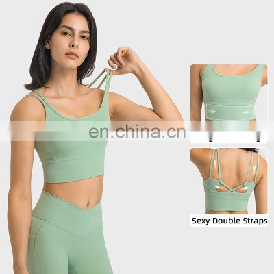 Custom Sexy Straps Beauty Back Sports Fitness Bra Women Long Line Double Straps Shockproof Gym Yoga Wear Apparel