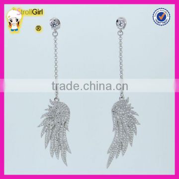 Fashion long silver chain angle wing shaped full zircon silver Wings Earring