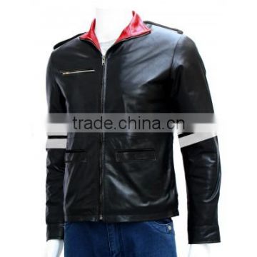fashion white strips sleeves leather jacket