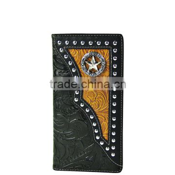 Black leather rhinestone star men long western bifold wallets