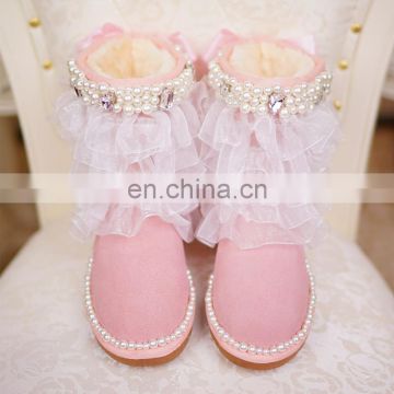 Aidocrystal women pink big size models shoes sweet bling pearls net yarn ankle boots with bowknot for girls