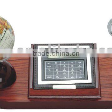 wooden desktop set,notepad,globe,reading glass,calculator