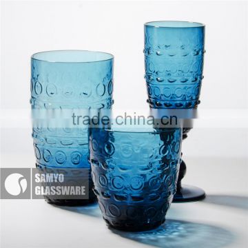 SAMYO crafted bule machine pressed glass cup with circle pattern