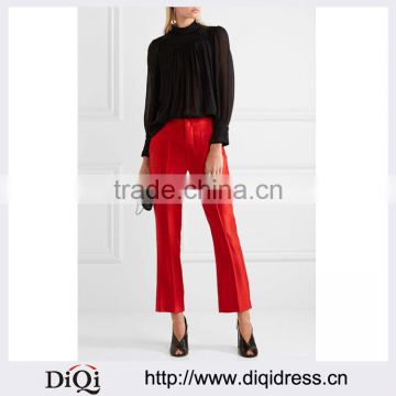 Wholesale Women Apparel Red-color Matte-satin Pressed Pleats Soft Fitting Pants(DQE0390P)