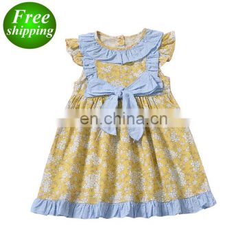 2019 Summer cotton yellow Infant Baby Girls Dress fly Sleeve Bowknot Floral A-Line Knee-Length Dress Ruffled Party Dress