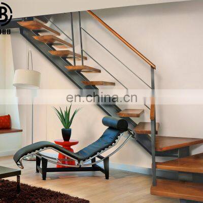 indoor steel structure support straight Stairs with timber stairs glass balustrade metal staircase