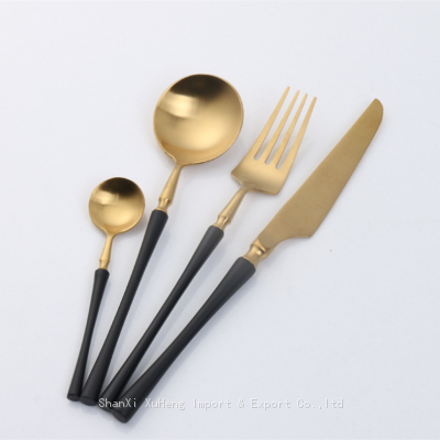 Set of 4 Pieces Matte Black Gold Colored Stainless Steel Tableware Sets Small Waist Delicate Cutlery Knife Spoon Fork Set Dinnerware