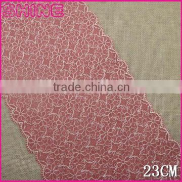 Factory fashion stock cheap pink 21.5cm nylon double side embroidery woman clothes ace fabric