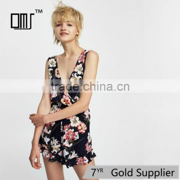 2017 HOT sale deep V-neck sexy ladies short floral print jumpsuit