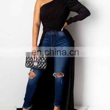 Women's Single sleeve sexy slim shirt with long back tail
