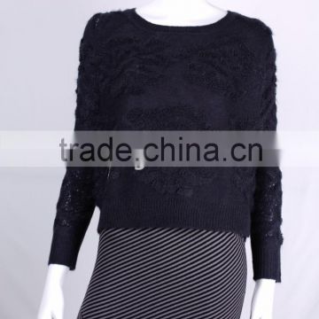 China products ladies' crew neck raglan long sleeve hairy pullover knitted sweater with fake leather at back neck