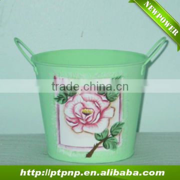 Rose design decorative green metal flower pot with handle