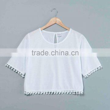 Sublimation Pompon crop top t-shirt Custom Logo Printing no minimum real factory