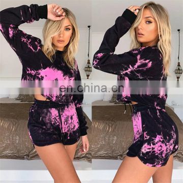 Women's Sexy Pullover Drawstring Cropped Tie Dye 2 Pieces Shorts Causal Sweatshirts Hoodies Sets