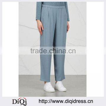 Wholesale Women Apparel Pleated Front Elasticated Waist Light Blue Silk Crepe Trousers(DQE0374P)