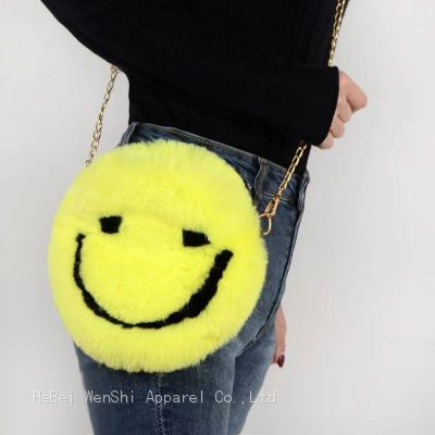 029Autumn and winter plush bag round smiley bag One shoulder oblique cross bag cute girl fur bag handbag