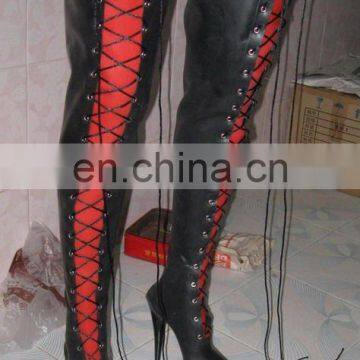 Latex thigh high lacing boots