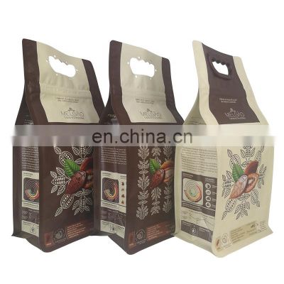 Recyclable flat bottom food packaging ziplock coffee tea bag 1kg aluminum foil dried cacao beans packing bag with plastic handle