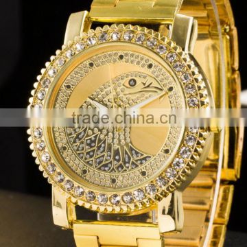 2016 gold metal strap men luxury crystal rhinestone quartz watch,stainless steel alloy watches