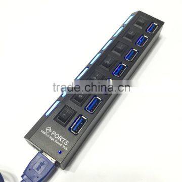 2016 Blue Waving Led lighted Switchable 7 Ports USB 3.0 Hub