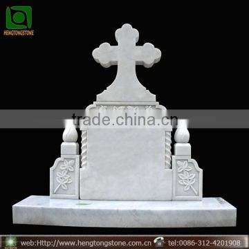 White Marble Cross and Flower Design Headstone