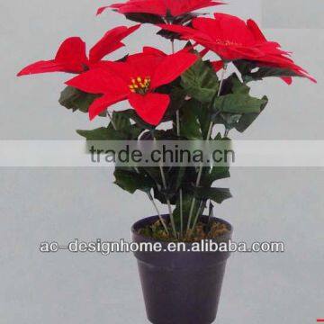 RED ARTIFICIAL VELVET POINSETTIA FLOWER BUSH X 6 W/6 PCS POINSETTIA FLOWER HEAD ON PLASTIC PLANTER