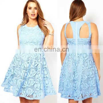 2014 High quality light blue lace sleeveless cut out back plus size skater dress china supplier OEM