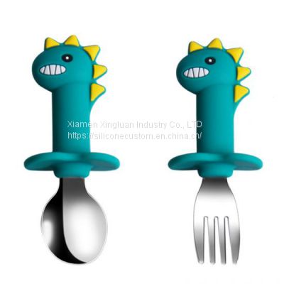 Silicone baby small spoon and fork with dinosaur shape