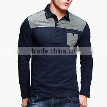 100% Cotton Custom Men Long Sleeves Navy Blue Polo Shirt with Grey Panels and Pocket with button
