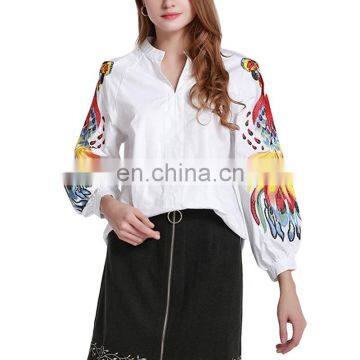 TWOTWINSTYLE Shirts For Women O Neck Long Lantern Sleeve Casual Loose Hit Color Vintage Embroidery