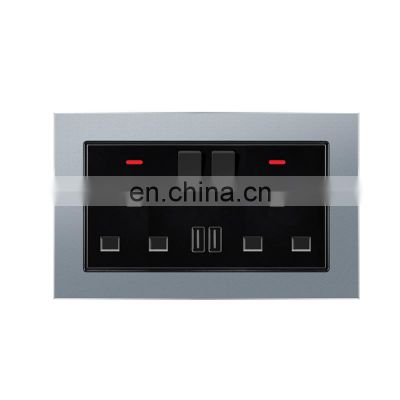 UK Standard Double 3 pin Wall Socket With Switch Aluminum Alloy Panel With USB Sockets And Switches Electrical With LED Light