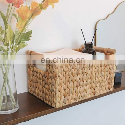 Hot Selling Water Hyacinth Storage Basket With Wooden Handle Wicker Rectangle Basket, Straw Box Hamper