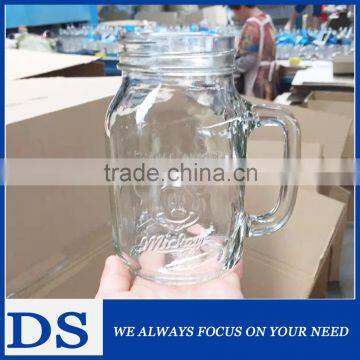 High quality 24oz carved glass mason jar with handle