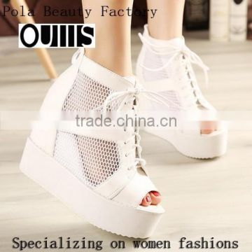 Sexy mesh lace up sandals platform wedge ankle strap sandals black and white lace up new style high heel wedge sandals PM3739
