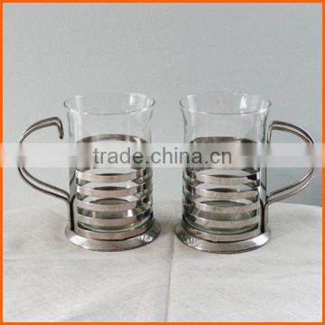 High quality customized glass coffee cup with metal holder