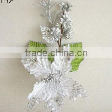 2013 Hot Sale Artificial Christmas Flowers 12" Artificial Velvet Poinsettia Pick