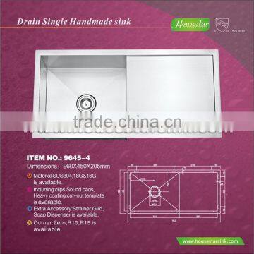 cupc certificate hot sale wholesale single handmade stainless steel kitchen sink with drain board -9645-4