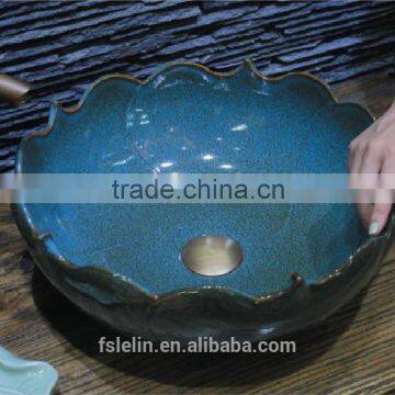 Handpainted ceramic art basin colorful countertop round sink porcelain flower edge bowl vanity top GD-F04