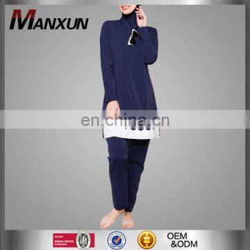 Modest Muslim Women Full Cover Swimwear Navy Embroidered Swimsuit