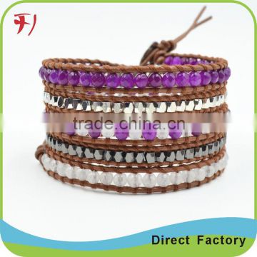Pink Stone Bead Mix Heart Charm Brown Genuine Leather Wrap Bracelet