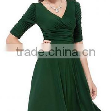3/4 Sleeve Ruched Waist Classy V-Neck Casual Cocktail Dress manufacture /lady dress