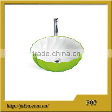 F07 Fashion ceramic green basin round bowl shape basin, colored basin white inside and green outside